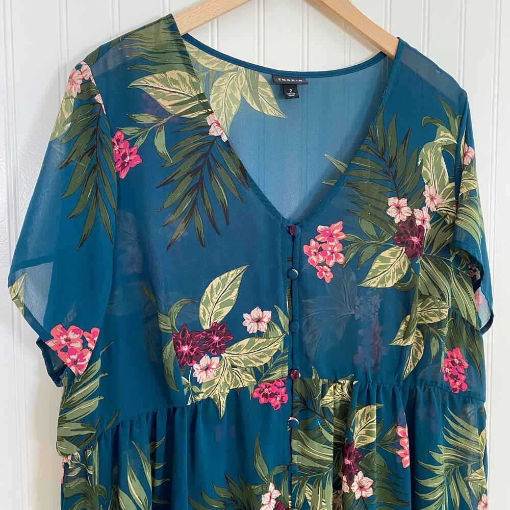 Torrid Womens Sheer Floral Tunic‎ Top Size 2X Button Front Tropical Short Sleeve - Picture 3 of 10